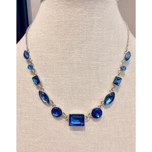 Vintage Signed Monet Blue Rhinestone Statement Necklace Silver Tone 16“
